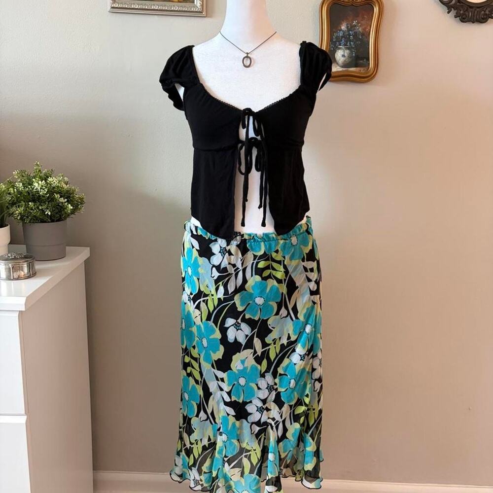 Vintage Y2K Floral Mesh Ruffle Midi Skirt - Size L